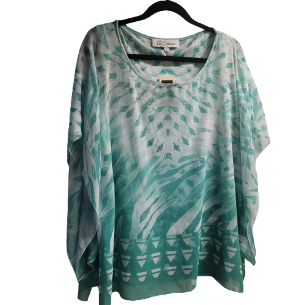 2 Piece Sheer Top With Attached Matching Tank NWT Aqua and White Design Large